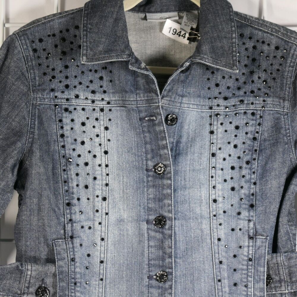 Chico's Platinum Distressed Denim Jacket Womens M Blue Embellished Rhinestones - Picture 3 of 9